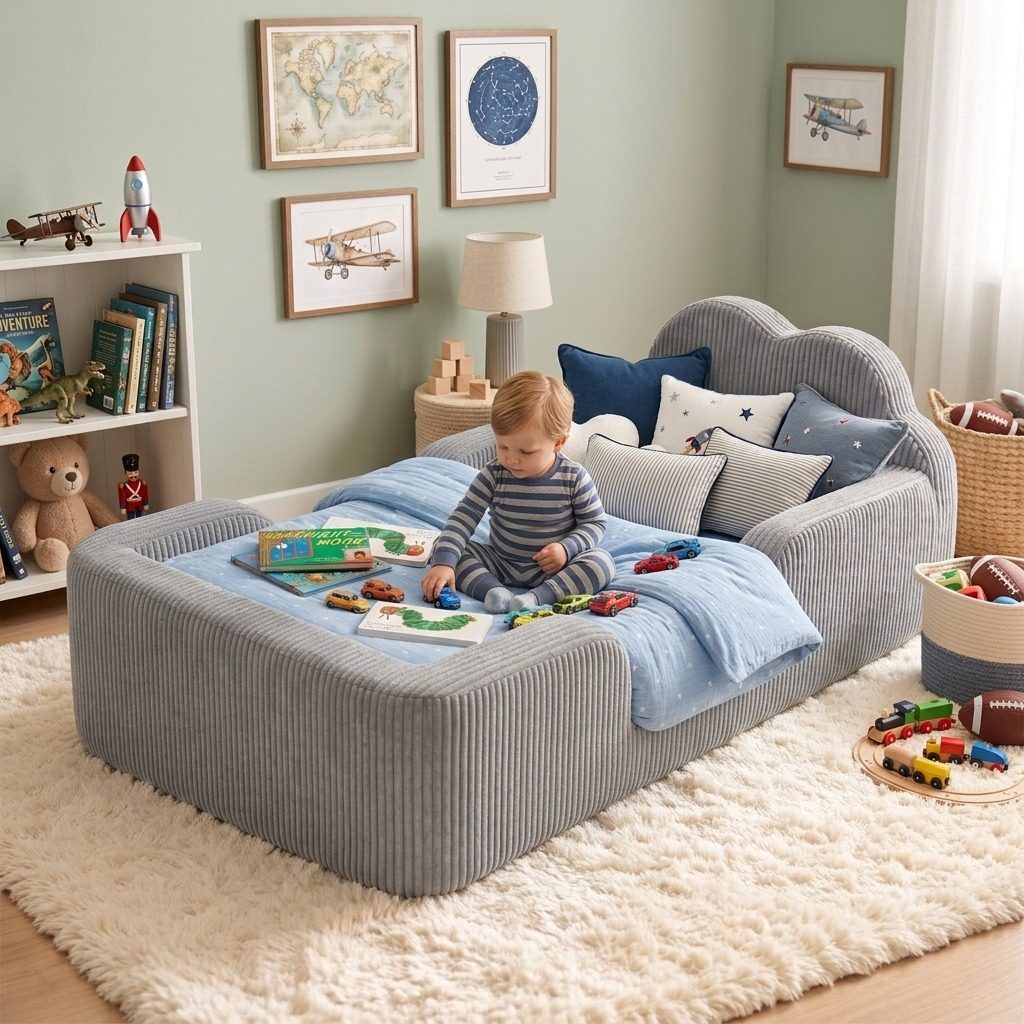 Side view of the Cloud Bed sitting low on the floor of a toddler's bedroom